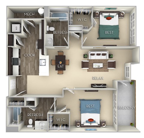 Porter Kensington Place 2 bedrooms 2 baths furnished floor plan apartment at Kensington Place, Virginia, 22191